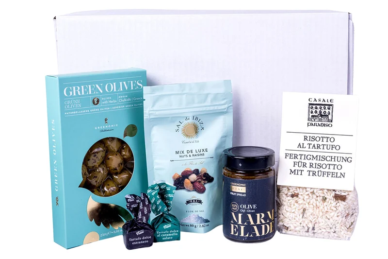 Kleine Gourmet Geschenkbox mit Trüffelrisotto, Oliven & Feinkost – edles Genießer-Präsent für jeden Anlass