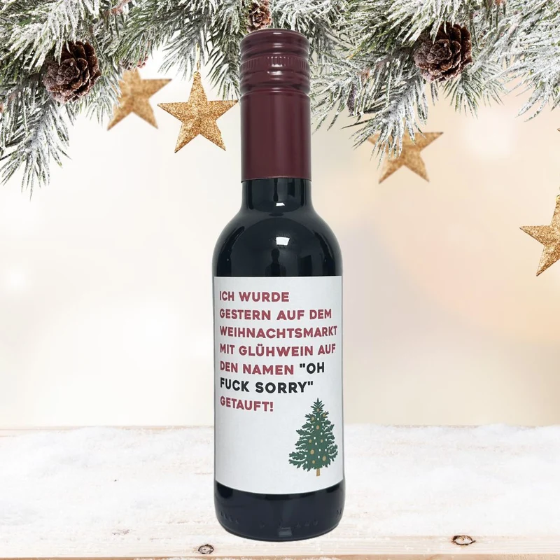 Glühwein mit 4 Sprüchen | kleine Flasche Glühwein mit Motiv | 12%