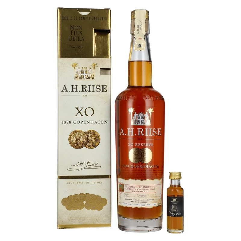 A.H. Riise 1888 COPENHAGEN XO Spirit Drink 40,1% Vol. 0,7l in Geschenkbox mit Miniatur Non Plus Ultra 0,02l