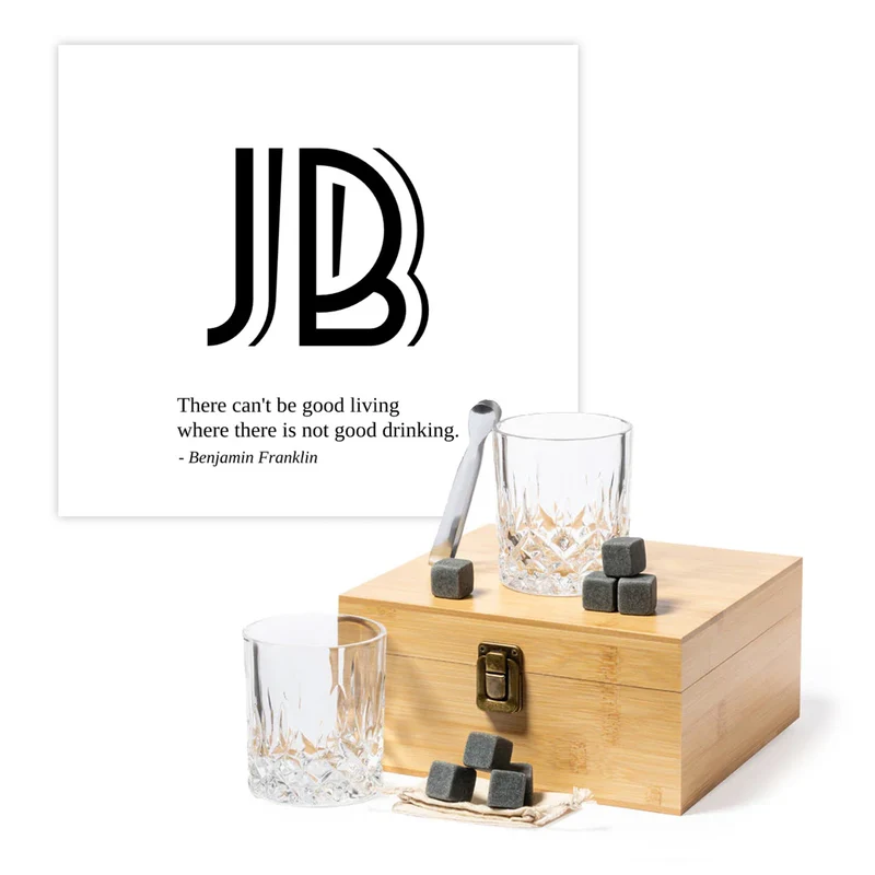 Whisky Set in elegantem Bambus-Etui mit personalisierter Gravur - Initialen