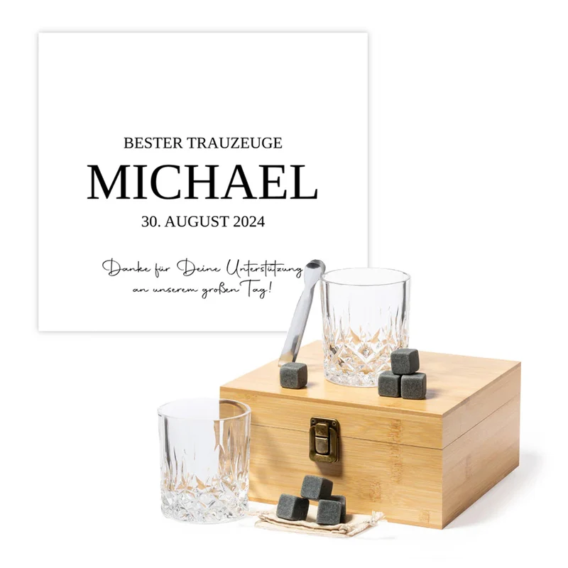 Whisky Set in elegantem Bambus-Etui mit personalisierter Gravur - Bester Trauzeuge