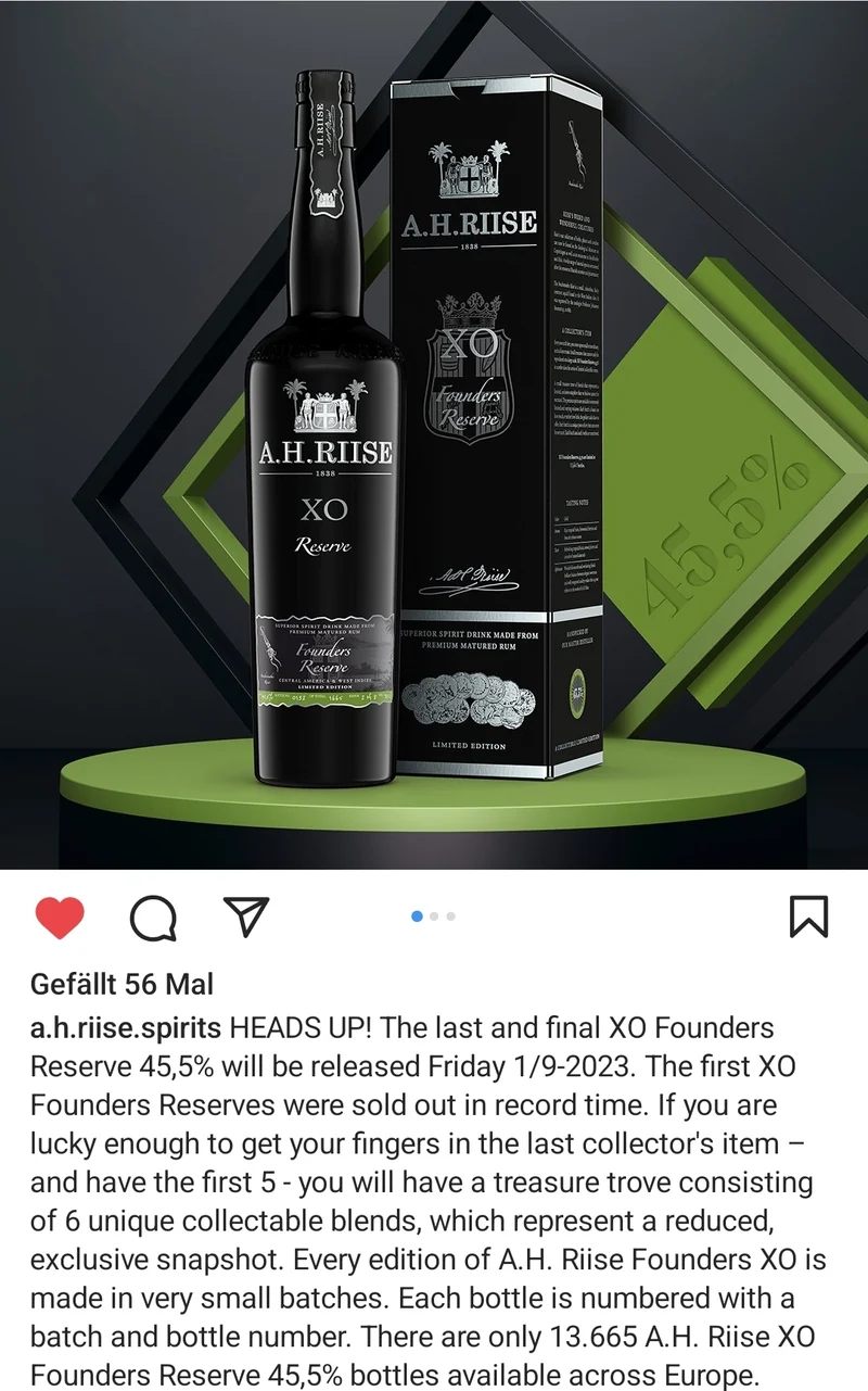 A.H.Riise XO Founders 6 hell grün 2023 Reserve 0,7l 45,5% vol. Rum limited