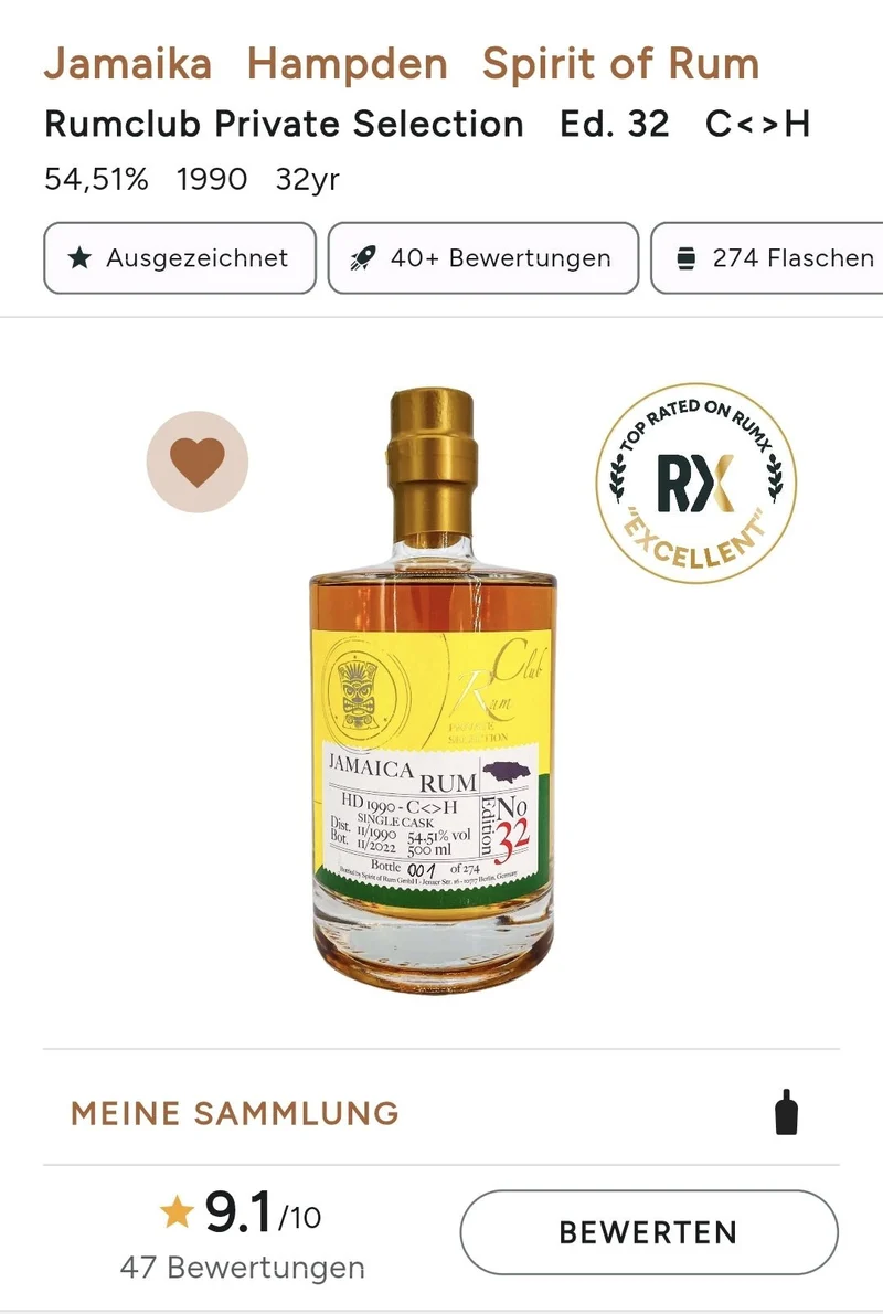 Rumclub Ed. 32 Hampden HD 1990 C<>H Jamaica 54,51% vol. 0,5l Single cask Rum club Jamaika