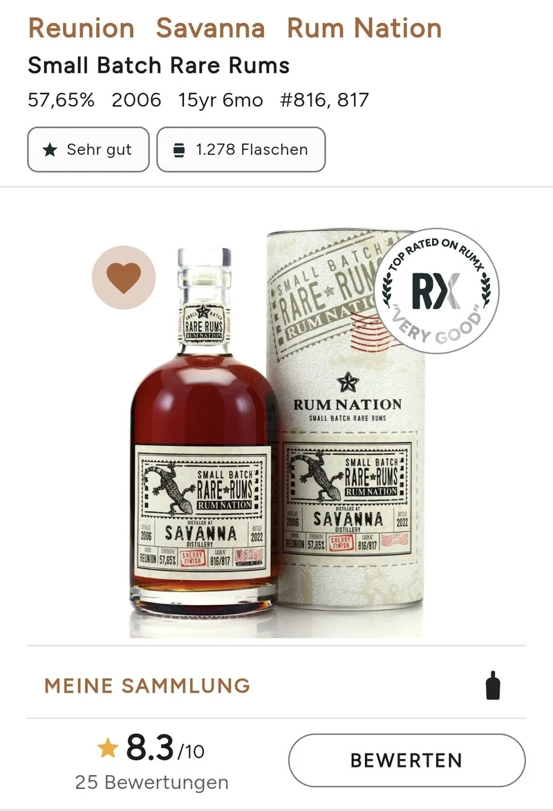 Rum Nation Reunion 2006 2022 Savanna Dist. 57,65% vol. 0,7l single Cask strength Rum Fassabfüllung Sonderedition limitiert auf ein Fass rhum