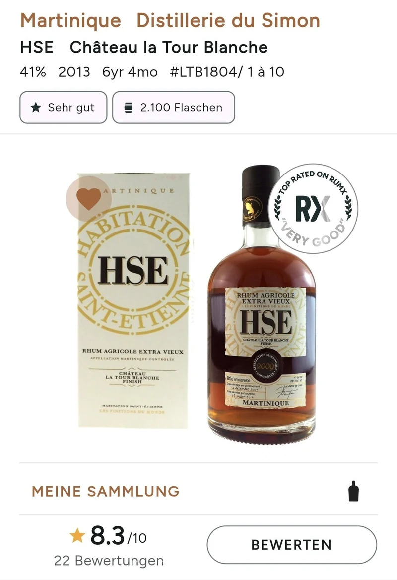 X HSE 2013 2021 chateau la tour blanche cask 41% vol. 0,7l Rum Agricole Rhum Martinique