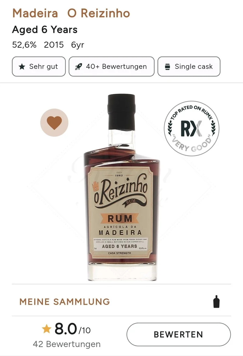 O REIZINHO 6y Cask Strength Rum aus Madeira 0,7l 52,6% vol.