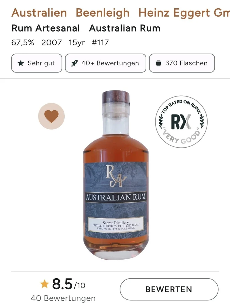 RA Rum "Australia 2007" #117 W 0,5l 67,5% vol. singl cask Rum Artesanal Australien