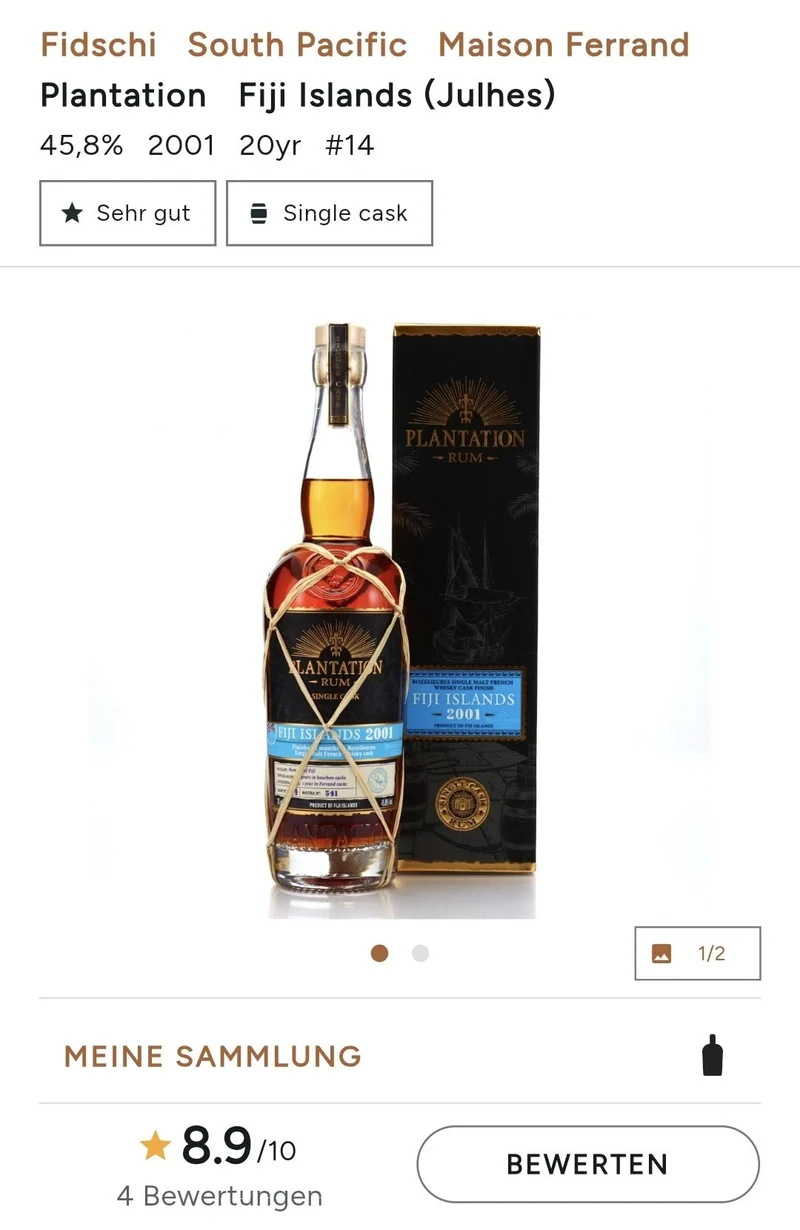 Plantation Fiji Islands 2001 2022 xo Rozelieures Fumé cask 0,7l 45,8% vol. single cask french Whisky Rum frd Planteray