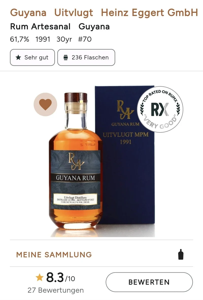 RA Guyana 1991 MPM 2022 30y Uitvlugt Dist. 0,5l 61,7%vol. #70 Single Cask Rum Artesanal