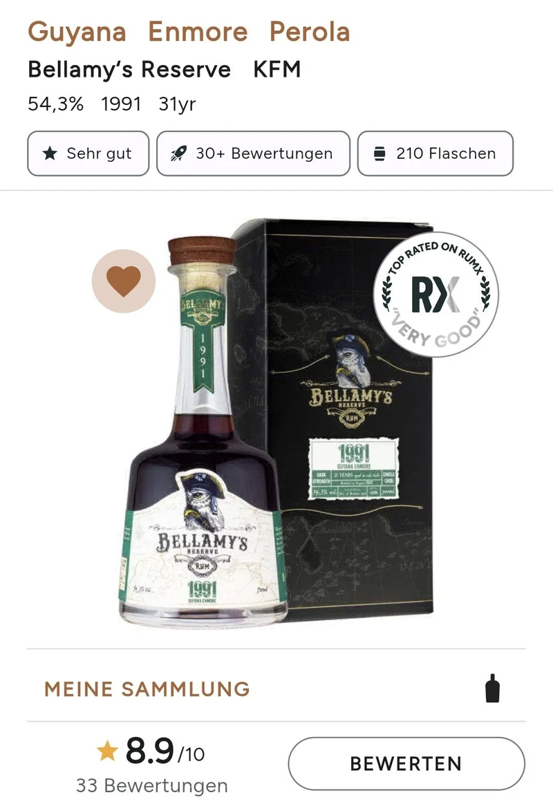 Bellamy's Reserve 31y 1991 Guyana Enmore KFM 2022 0,7l 54,3 %vol. Single cask Rum Fassstärke cask strength