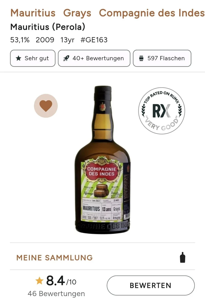 Compagnie des Indes Mauritius 2009 Armagnac cask grays Dist. 13 y 53,1% vol. 0,7l cdi Rum Rhum Agricol