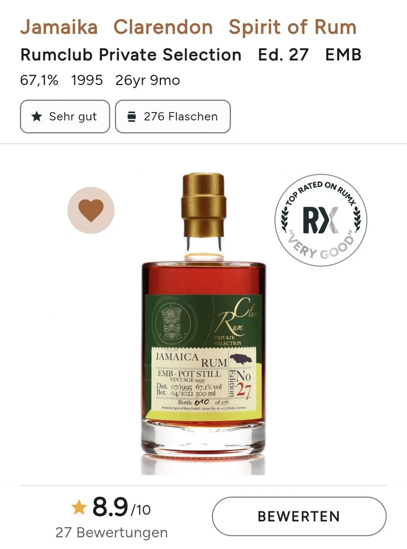 Rumclub Ed. 27 Jamaica 26y 1995 EMB 2022 67,1% 0,5l fl Rum club clarendon