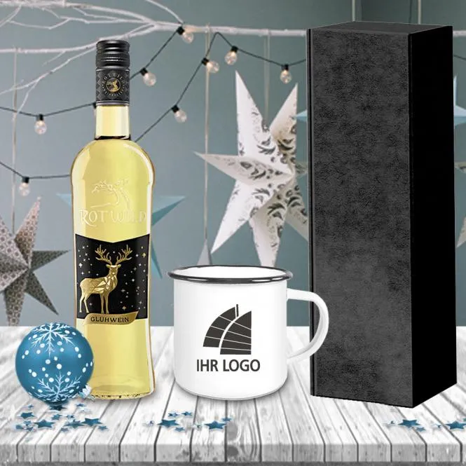 Glühwein-Geschenk-Set mit Emailletasse und Fotodruck deines Logos / Designs