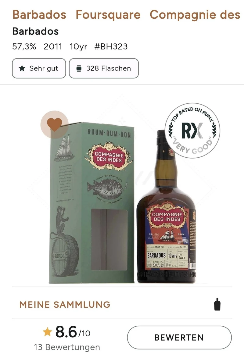 X Compagnie des Indes Foursquare 2011 Barbados 10 y cdi Single Cask Rum 57,3% vol. 0,7l