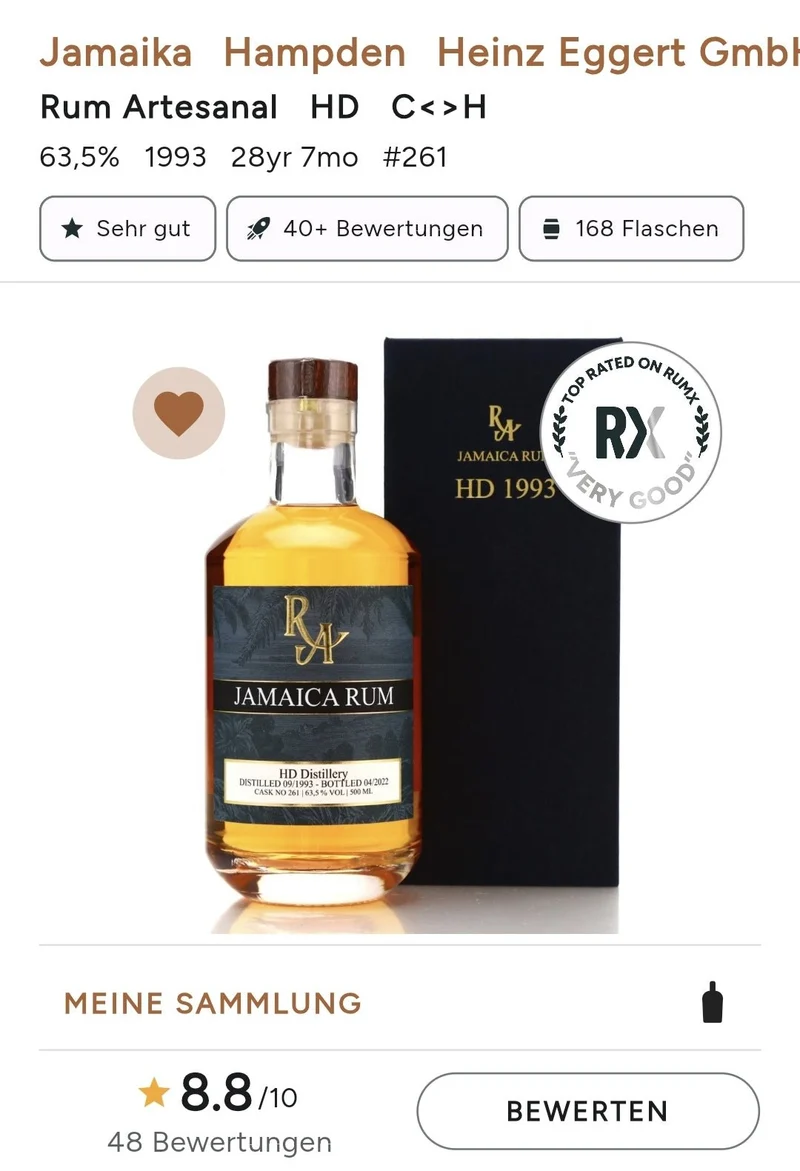 RA Jamaica HD 1993 2022 29y Hampden Dist. 63,5% 0,5l Single cask Rum Artesanal #261