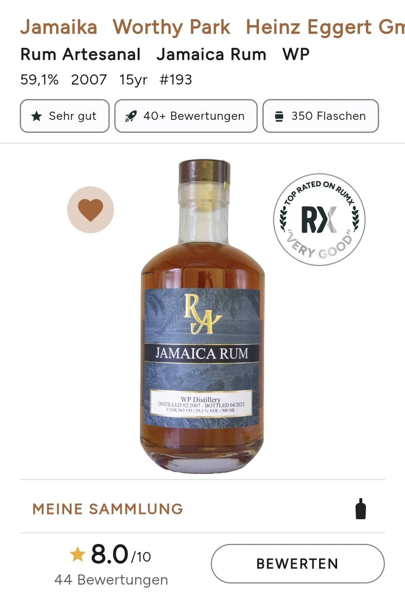 RA Jamaica "WP 2007" Worthy Park distillery 0,5l 59,1%vol. Rum Artesanal #193