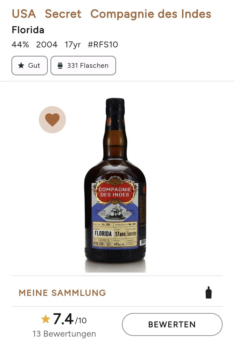 Compagnie des indes Florida 2004 17y secrete Dist. 0,7l 44% vol. Single Cask RUM CDI