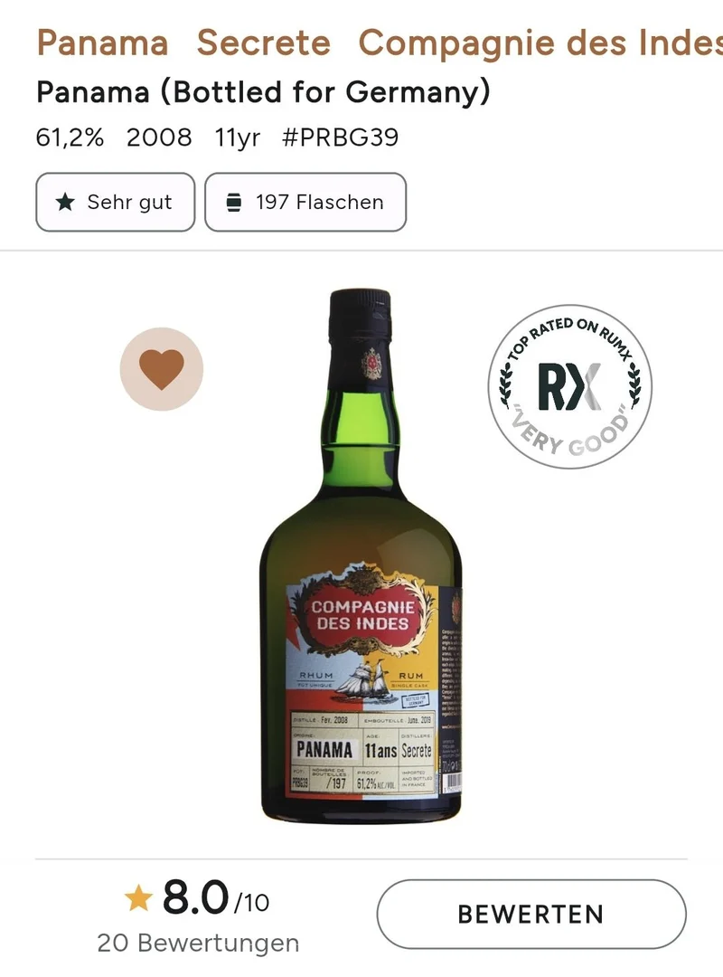 X Compagnie des Indes Panama 2008 2019 11 0,7l 61,2 %vol. cdi Rhum Rum Fassabfüllung Sonderedition limitiert auf ein Fass