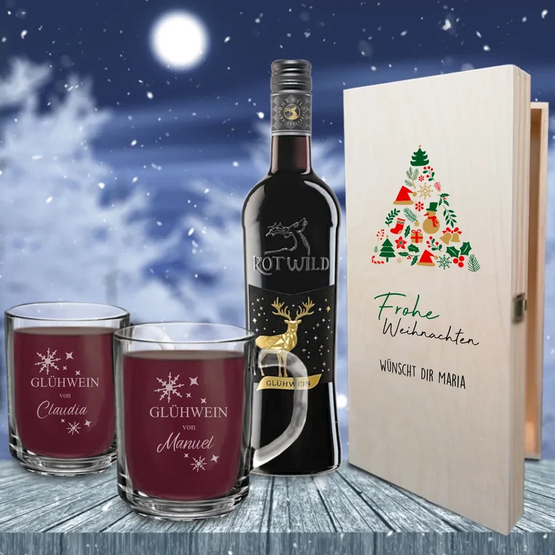 Rotwild Glühwein Geschenkset mit gravierten Tassen und bedruckter Kiste