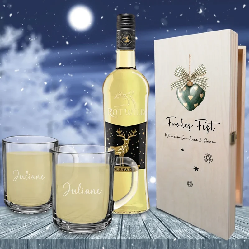 Glühwein Geschenkset mit bedruckter Kiste und gravierten Gläsern Rotwild