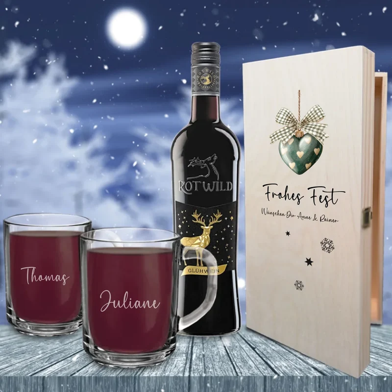 Individuelles Glühwein Geschenkset mit bedruckter Kiste und gravierten Gläsern