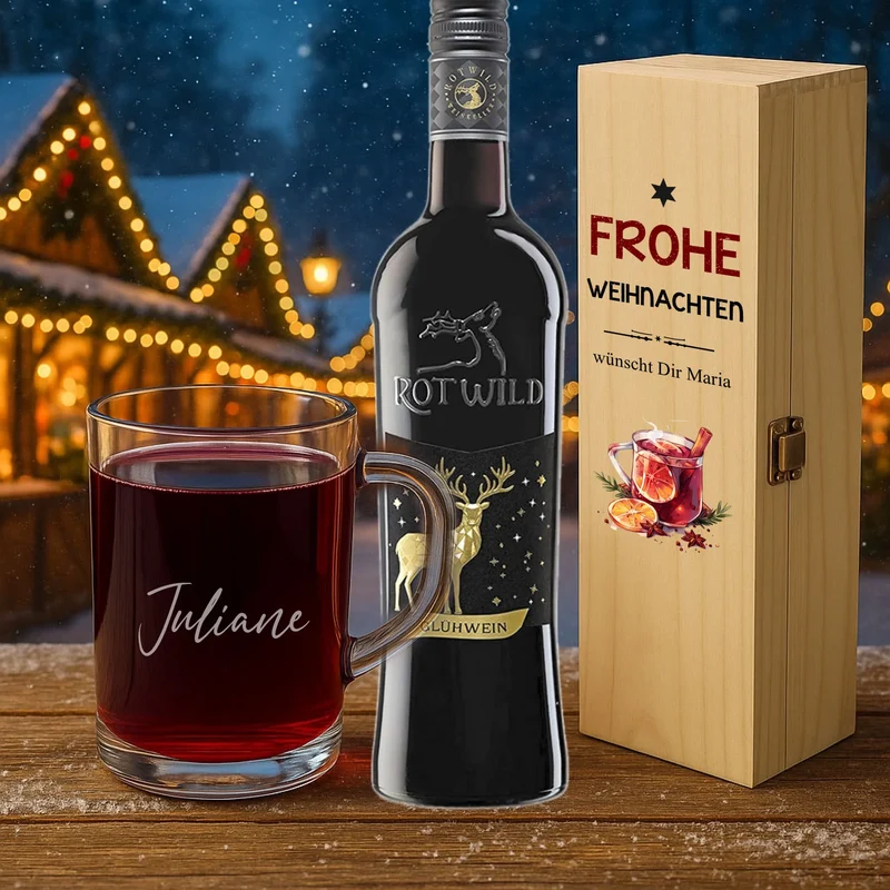 Rotwild Glühwein Geschenkset personalisiert mit Glas und Holzbox