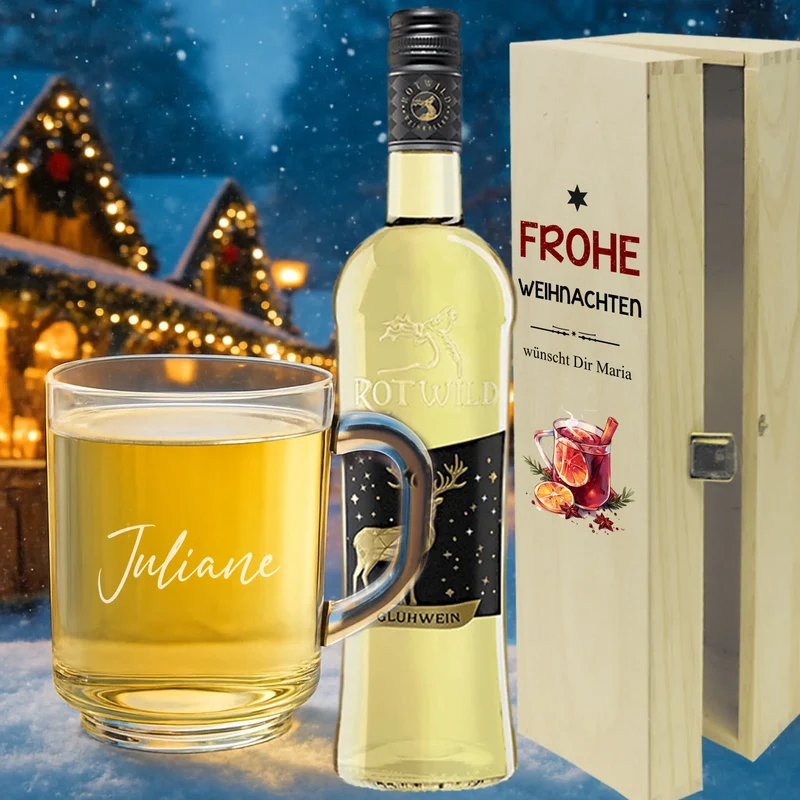 Rotwild Glühwein Geschenkset personalisiert mit Glas und Holzbox