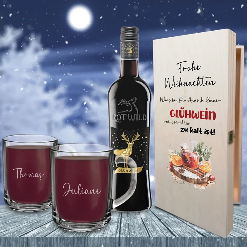 Persönliches Glühwein Geschenkset mit individueller Kiste und Gläsern