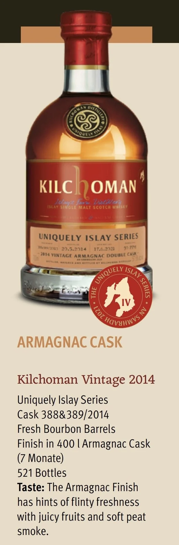 Kilchoman an Samhradh 2014 2021 Armagnac cask Edition Uniquely Islay Series Vintage 0.7l 57,5% Fassstärke #388 #389 cask single cask scotch whisky