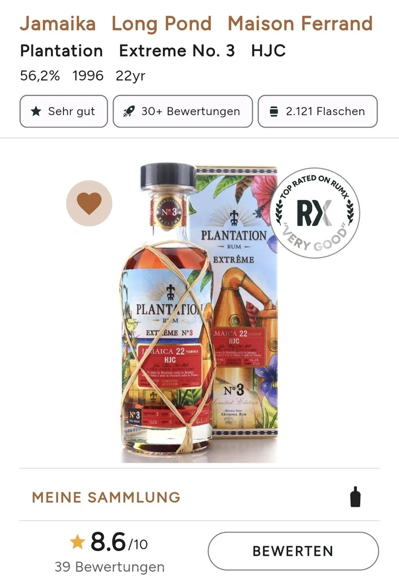 Plantation Jamaica Extreme 1996 No. 3 HJC Long Pond 0,7l 56,2% vol. single cask Rum Planteray