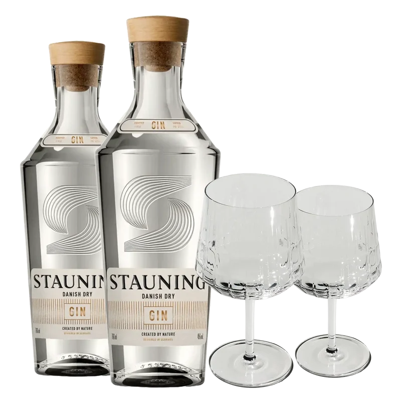 2 Stauning Dry Gin + 2 KOSENLOSEN The Mancave Blend Gin Gläser