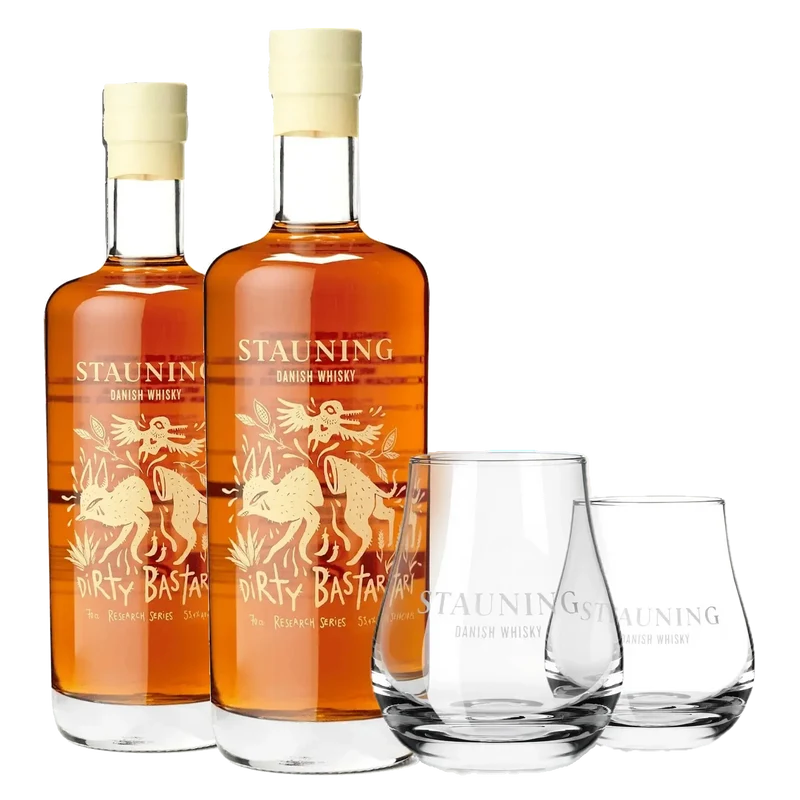 2 Stauning Dirty Bastard + 2 KOSENLOSEN Stauning Whiskygläser