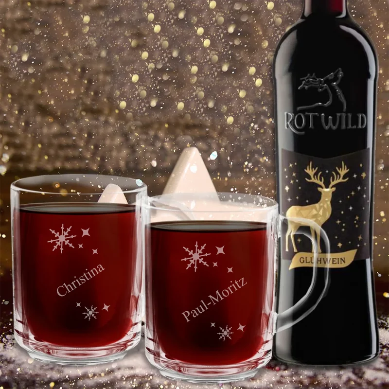 Edles Glühwein-Set mit Namen als Weihnachtsgeschenk und Rotwild Glühwein