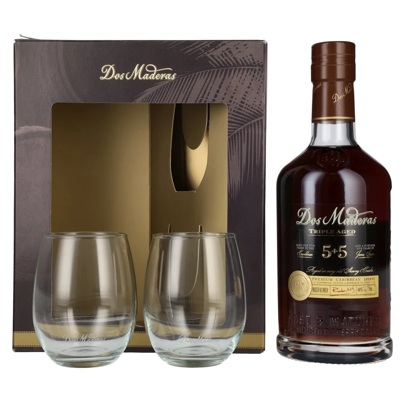 Dos Maderas PX 5+5 Years Old Triple Aged Spirit Drink 40% Vol. 0,7l in Geschenkbox mit 2 Gläsern