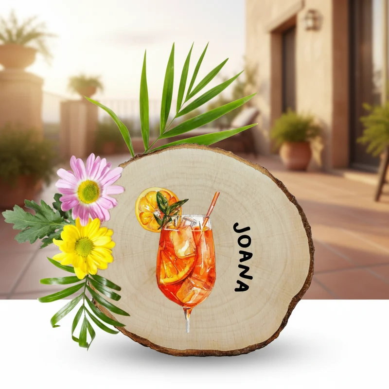 Individuell bedruckter Untersetzer aus Holz mit Namen für deinen Aperol