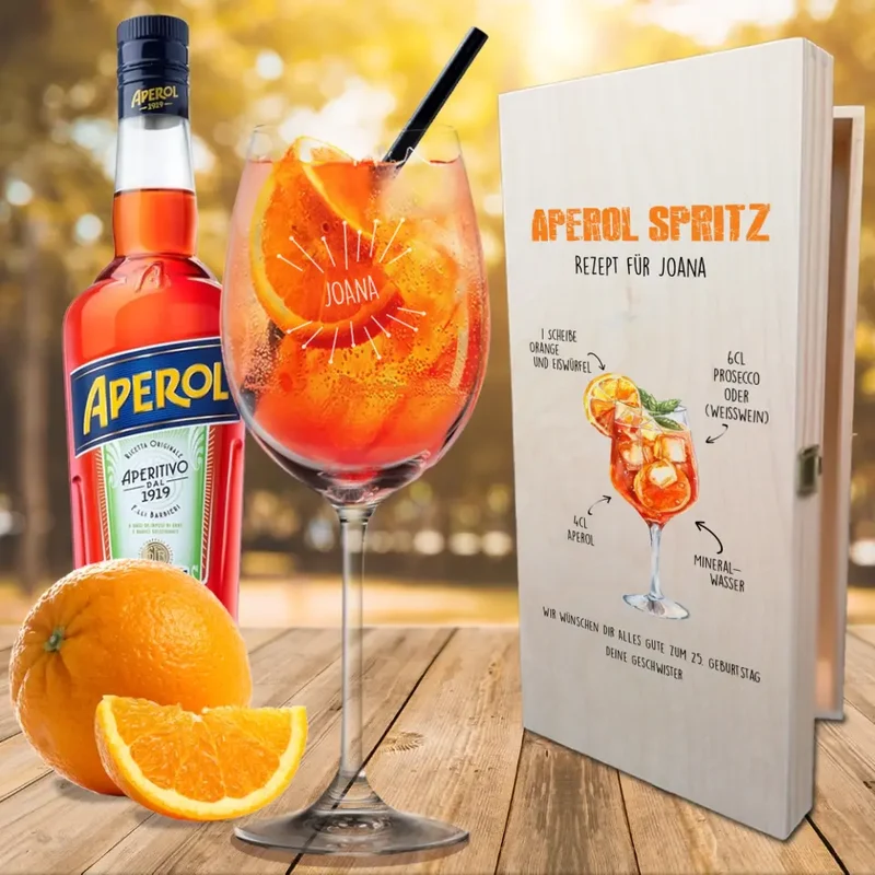 Aperol Geschenkset mit bedruckter Kiste und Glas mit deinem Namen