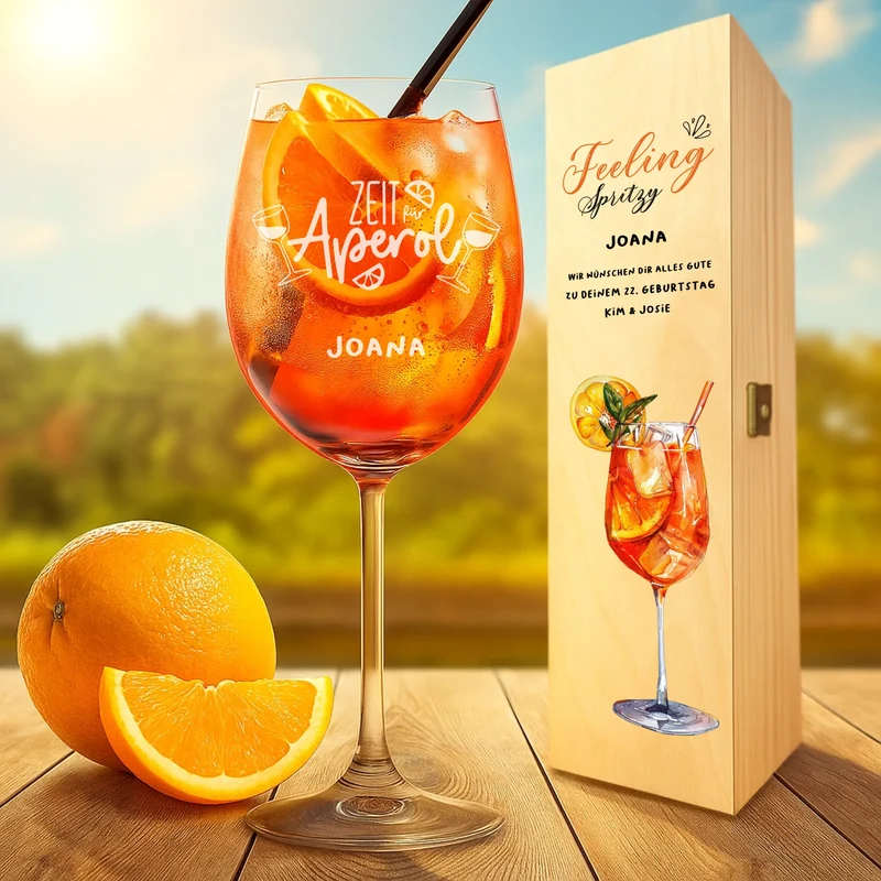 Individuell graviertes/ bedrucktes Aperol Geschenkset mit Leonardo Glas in Holzkiste