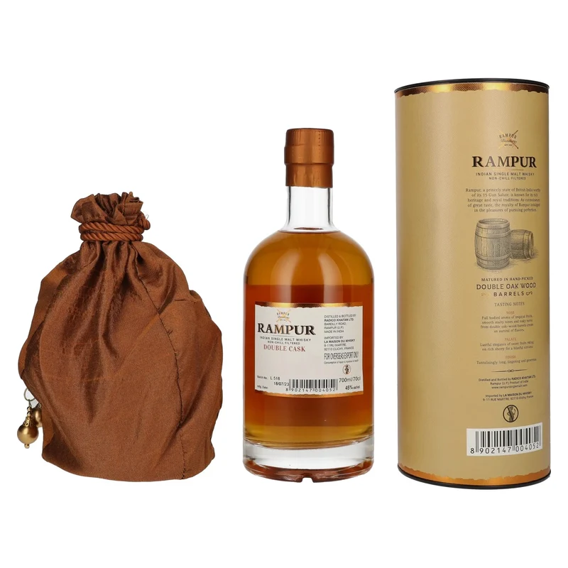 Rampur DOUBLE CASK Indian Single Malt Whisky 45% Vol. 0,7l in Geschenkbox mit Säckchen