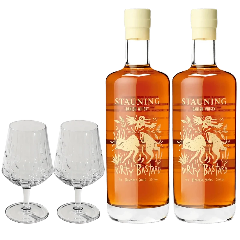 2 Flaschen Stauning Dirty Bastard + 2x The Bullet Whiskygläser aus The Mancave