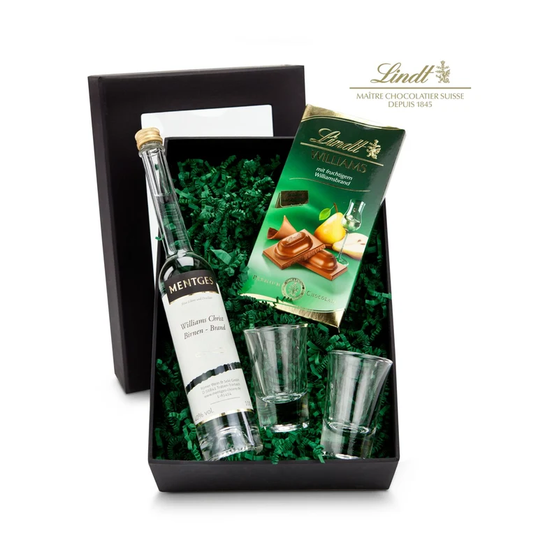 Williams-Christ – Geschenkset mit Birnenbrand, Gläsern & Schoko