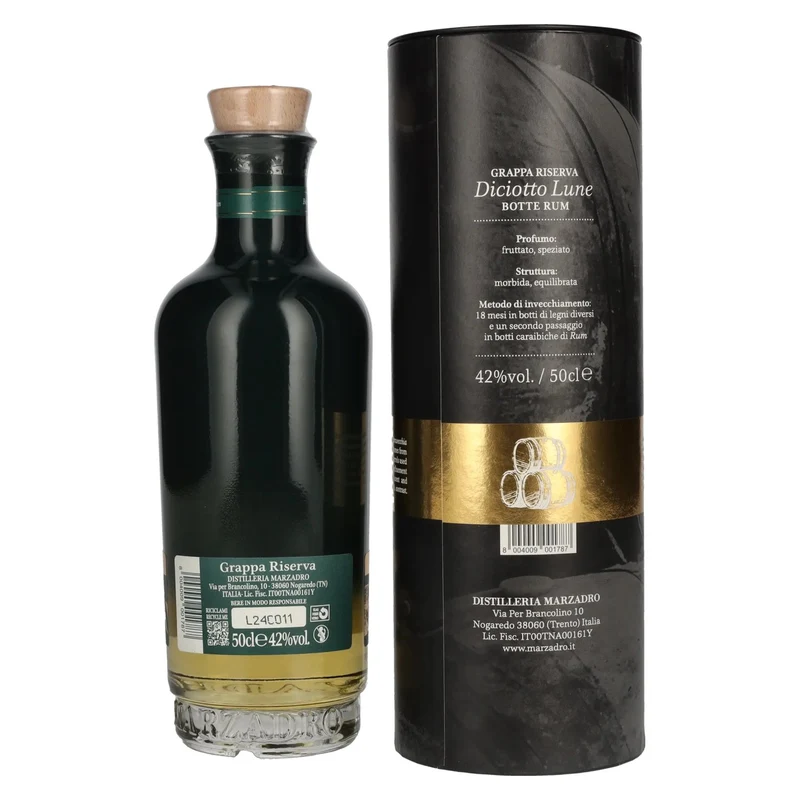 Marzadro DICIOTTO Lune Grappa Riserva Botte Rum 42% Vol. 0,5l in Geschenkbox