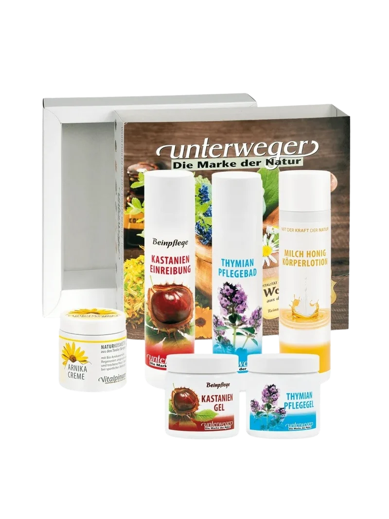 Unterweger Pflege Geschenkbox – Naturkosmetik-Set mit Kastanie, Arnika, Thymian & Honig zur Pflege von Muskeln & Haut
