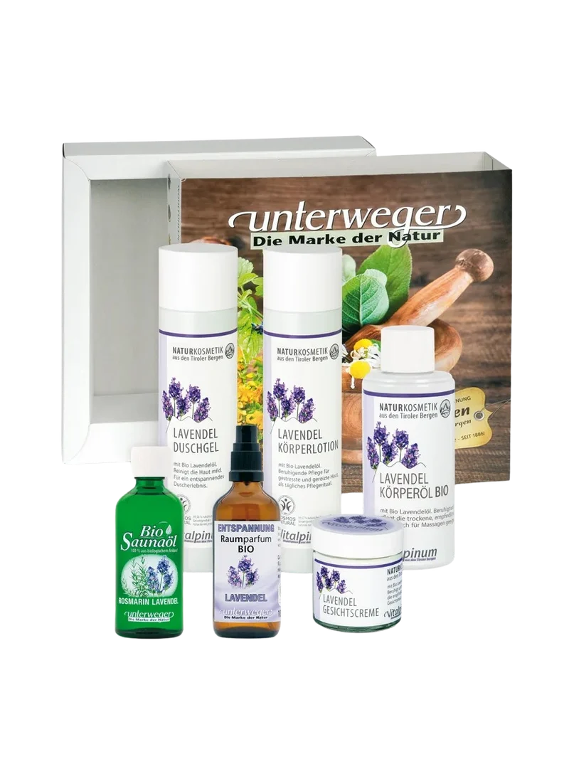 Unterweger Wohlfühl-Geschenkbox Lavendel & Rosmarin – Naturkosmetik-Set mit ätherischen Ölen für entspannende & belebende Pflege