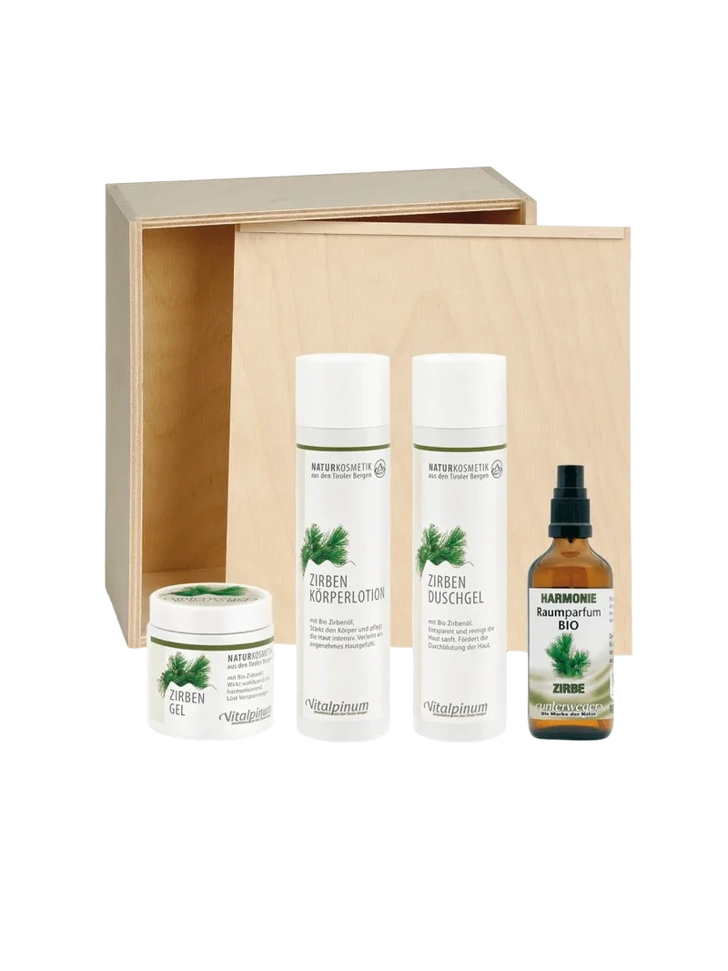 Brüder Unterweger Zirben Geschenkkistchen – Naturkosmetik-Set mit Bio-Zirbenöl zur entspannenden Pflege im dekorativen Holzkistchen