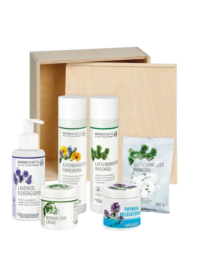 Unterweger Geschenkkistchen Alpenpflege – Naturkosmetik-Set aus Tirol mit Kräuterpflege für Körper & Sinne