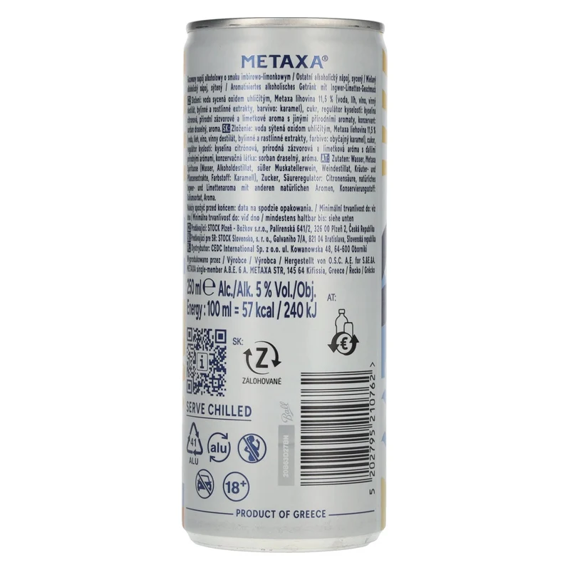 Metaxa Ginger & Lime Long Drink Greek Cocktails Ready to Drink 5% Vol. 0,25l Dose Pfand