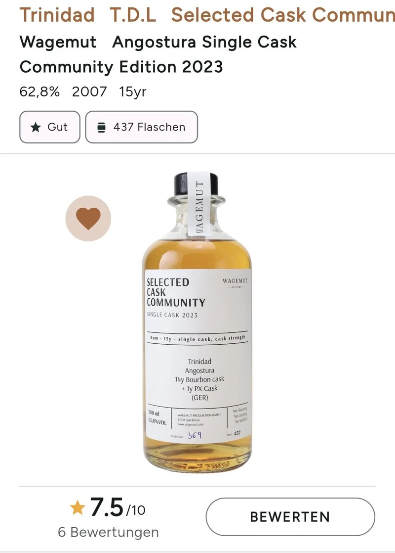 X Wagemut Trinidad TDL 15y SCC PX Single Cask 2023 Cask Strength Angostura Rum 0,5l 62,8%vol.