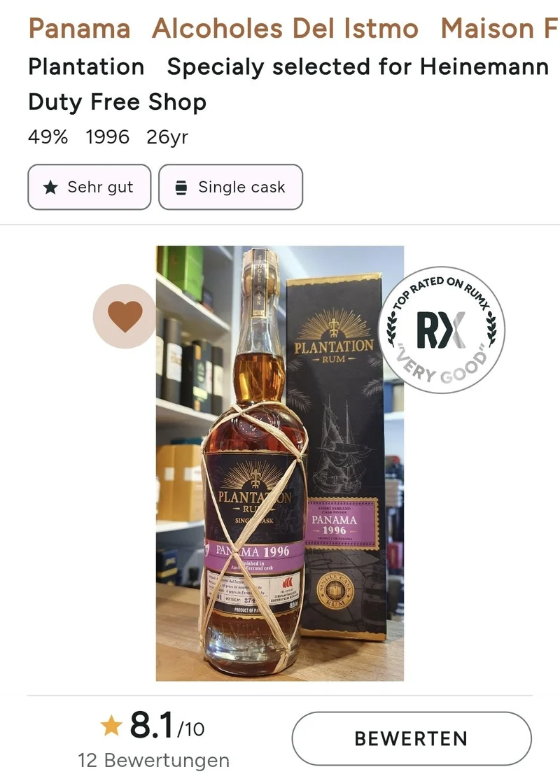X Plantation Panama 1996 2022 Ambre cask Heinemann 0,7l 49 % vol. single cask Rum Planteray