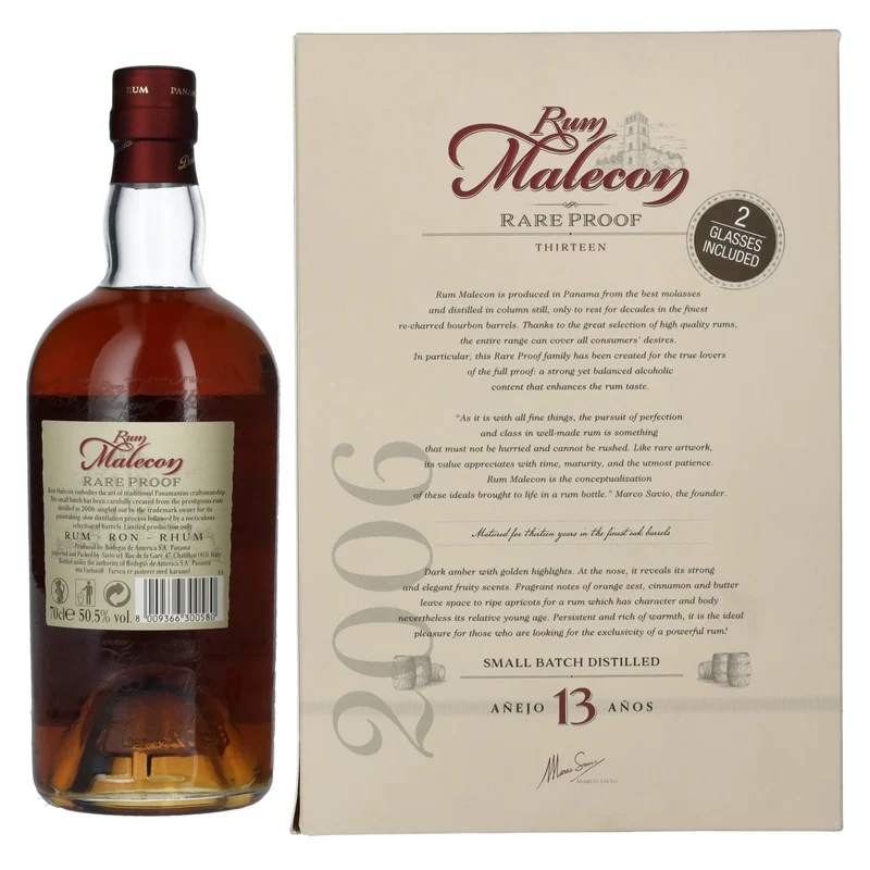 Rum Malecon Añejo 13 Años RARE PROOF 2006 50,5% Vol. 0,7l in Geschenkbox mit 2 Gläsern