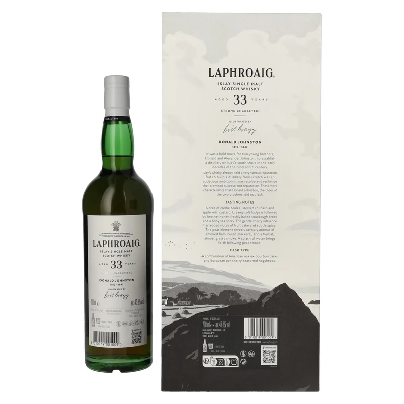 Laphroaig 33 Years Old Strong Characters DONALD JOHNSTON Islay Single Malt 43,8% Vol. 0,7l in Geschenkbox